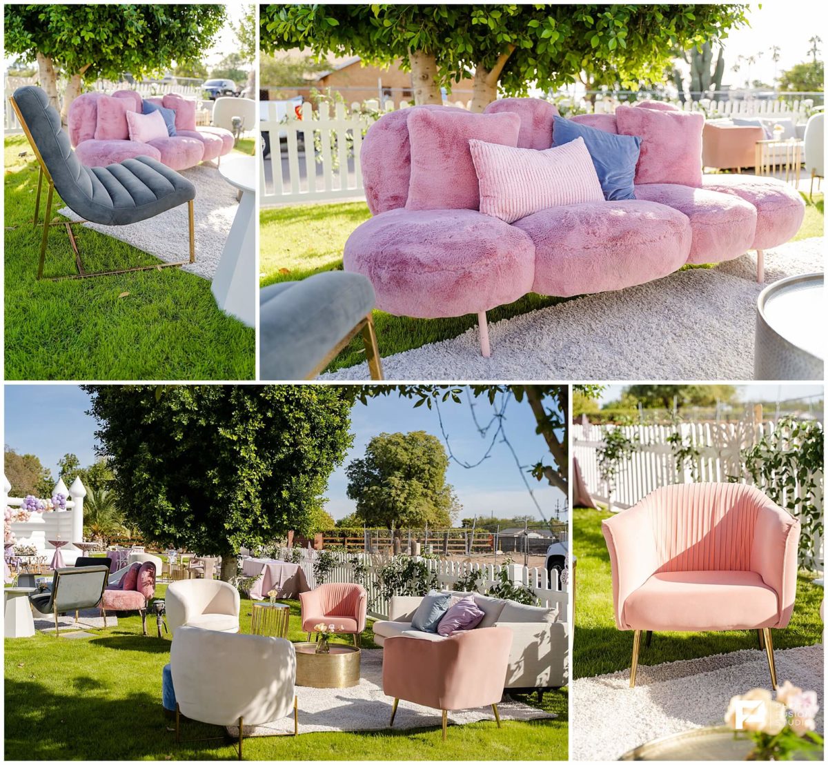 Evoque, scottsdale event planner, lounge furniture, pink plush couch, Dang Fine furniture rentals, scottsdale event